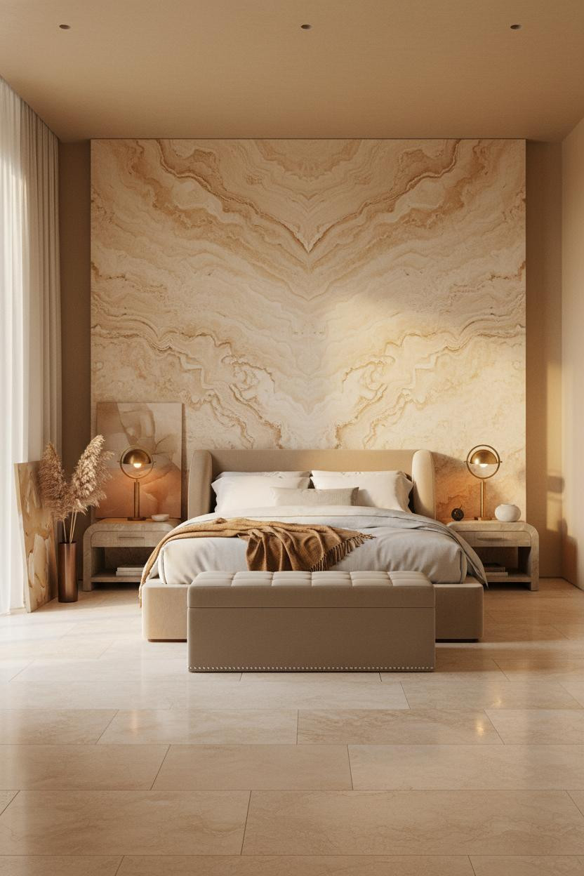 Bright luxury master bedroom with modern bed frame in neutral tones, soft natural lighting from windows, matte brass accents, cream bedding, and wooden storage bench at foot of bed.