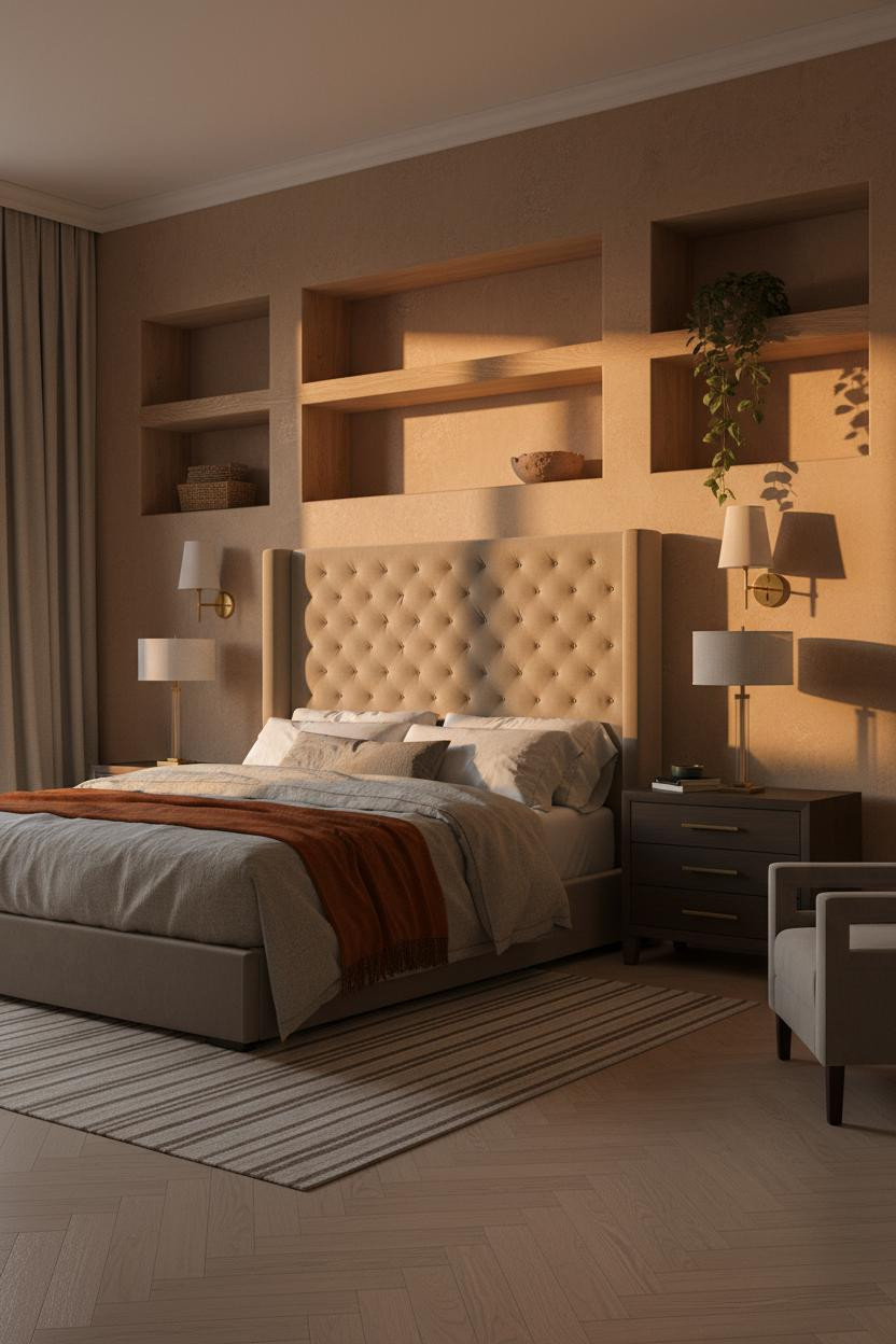 Luxury Bedroom Mediterranean Floating Shelf Master Suite