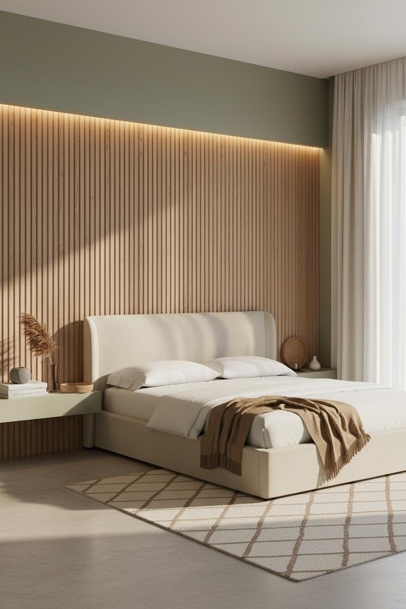 Luxury Bedroom Oak Headboard Sage Walls