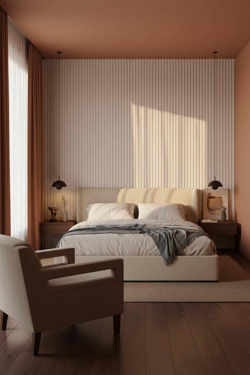 Luxury Bedroom Oak Slatted Wall Japandi Master