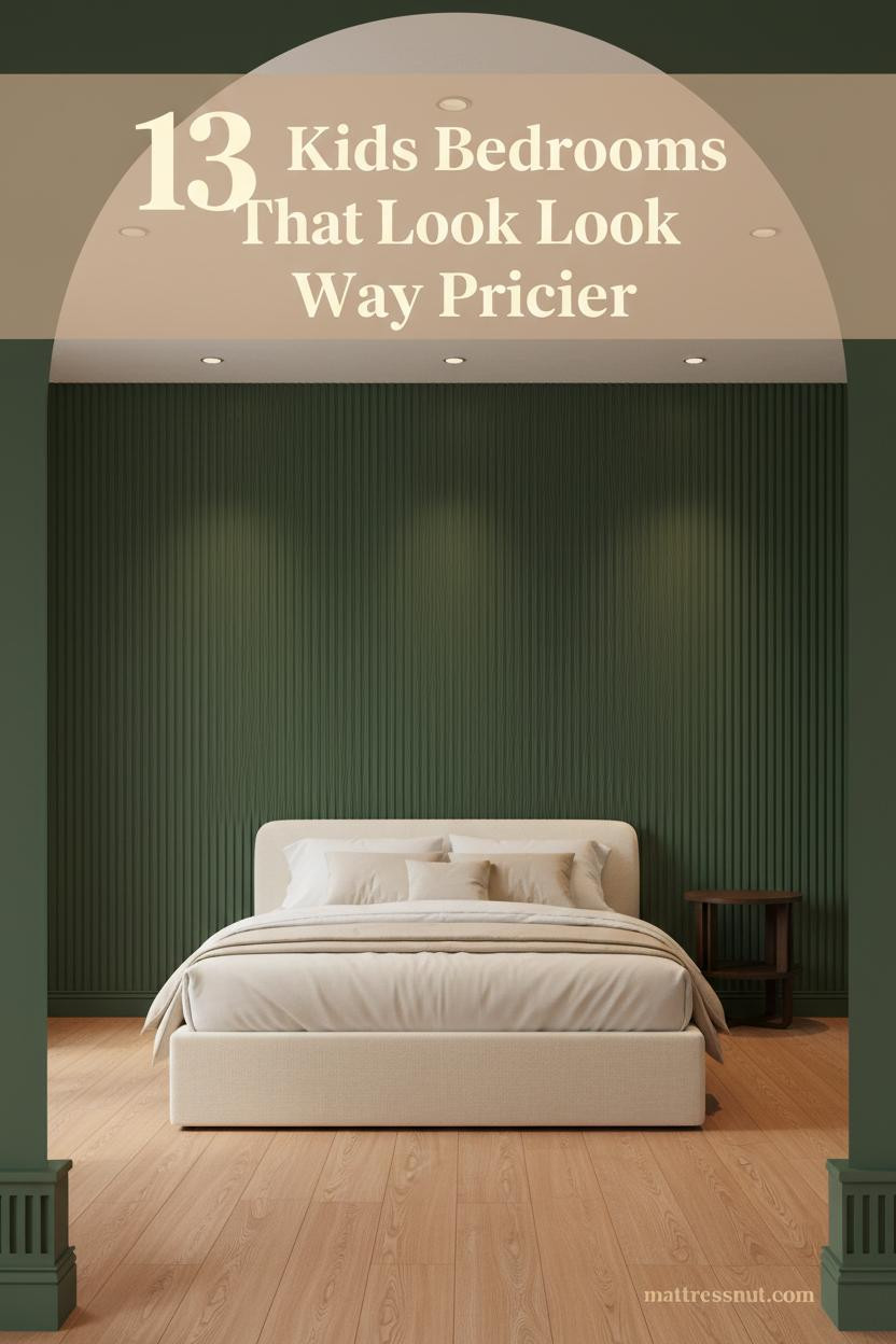 Luxury kids bedroom with forest green fluted timber wall, warm oak flooring, cream layered bedding, and minimal wood nightstand under soft recessed lighting