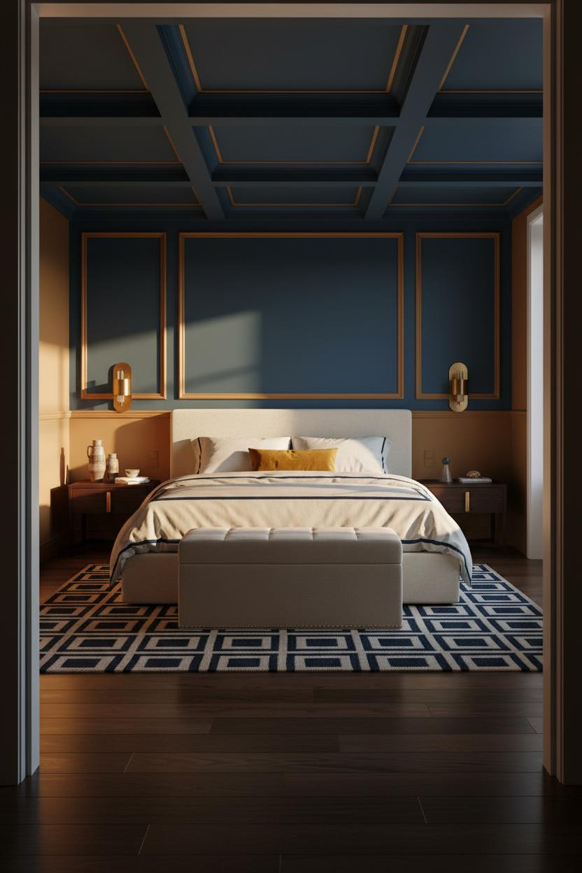 Luxury Kids Bedroom Navy Coffered Ceiling Gold