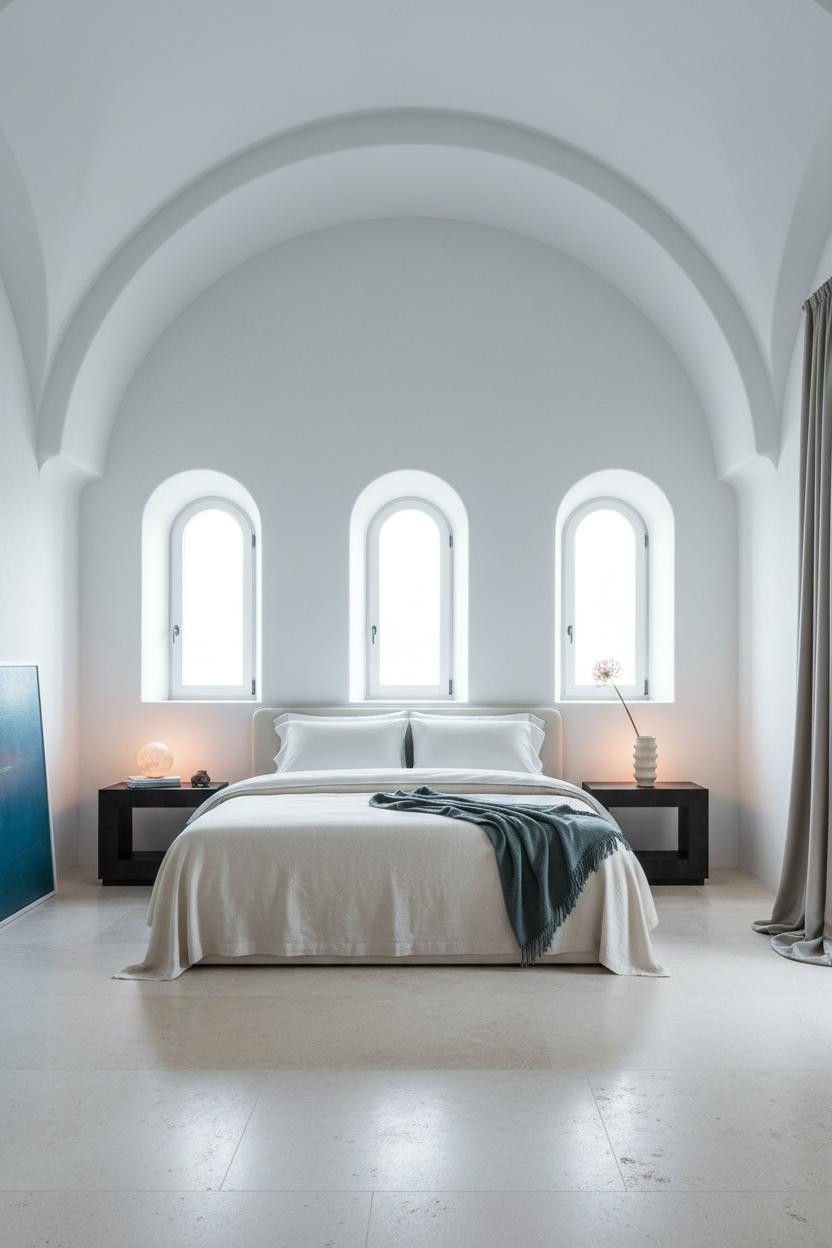 Bright, airy master bedroom in neutral tones with modern bed frame, elegant nightstand, soft natural lighting from windows, clean architectural lines, and minimalist decor creating an upscale bedroom aesthetic.