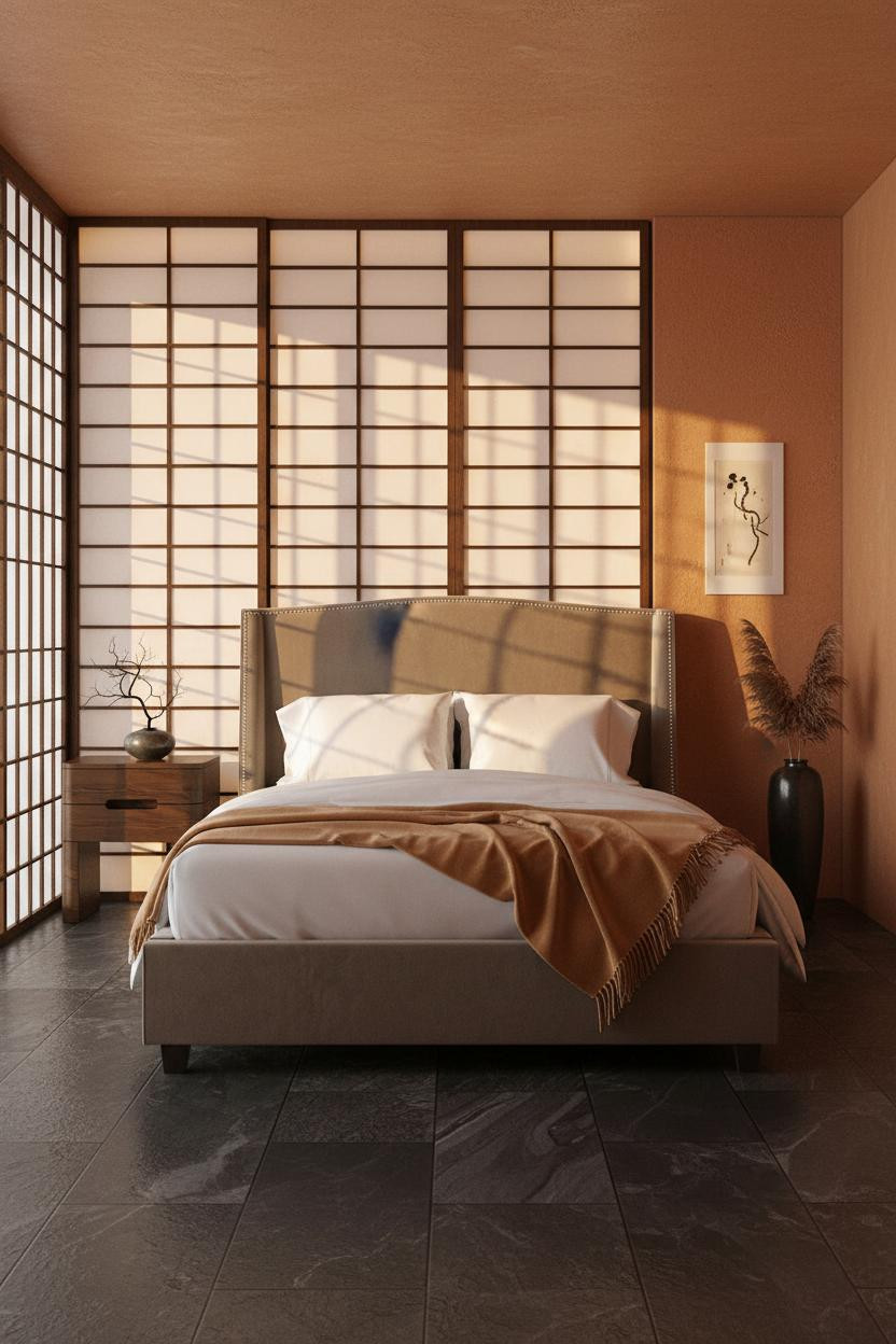 Bright, airy master bedroom in neutral tones with modern bed frame, soft linen bedding, matte brass nightstand, and natural window light streaming across polished wood flooring.