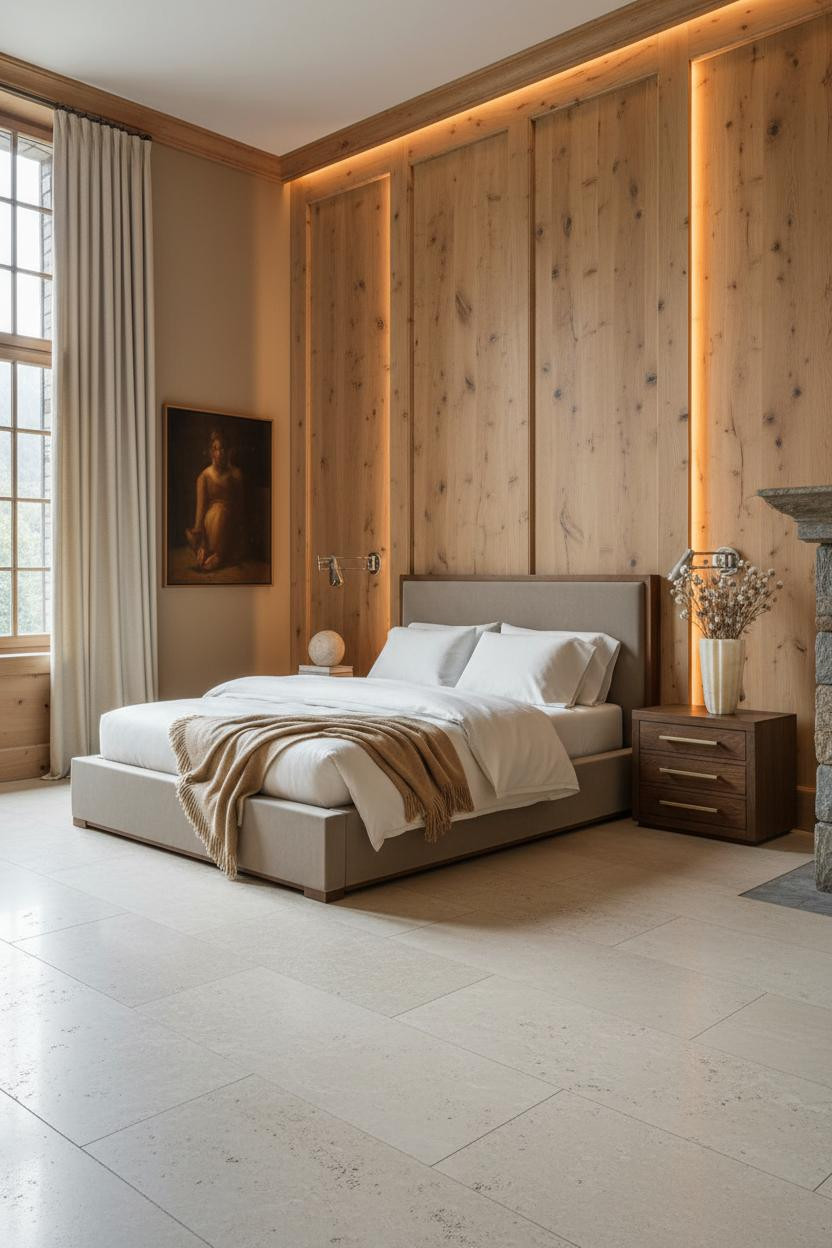Bright, airy mansion master bedroom with neutral cream and beige palette, upholstered bed frame, matte brass nightstand, soft natural window light, clean architectural lines, and refined vintage accents throughout spacious room.