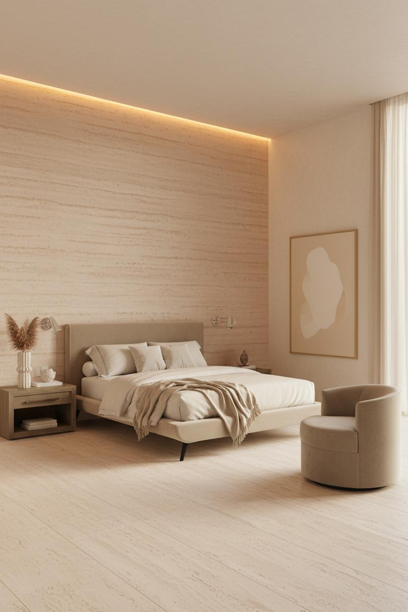 Bright, airy mansion bedroom with neutral cream and beige tones, featuring a modern bed frame, upholstered swivel chair, soft natural lighting from windows, and clean architectural lines throughout the spacious room.