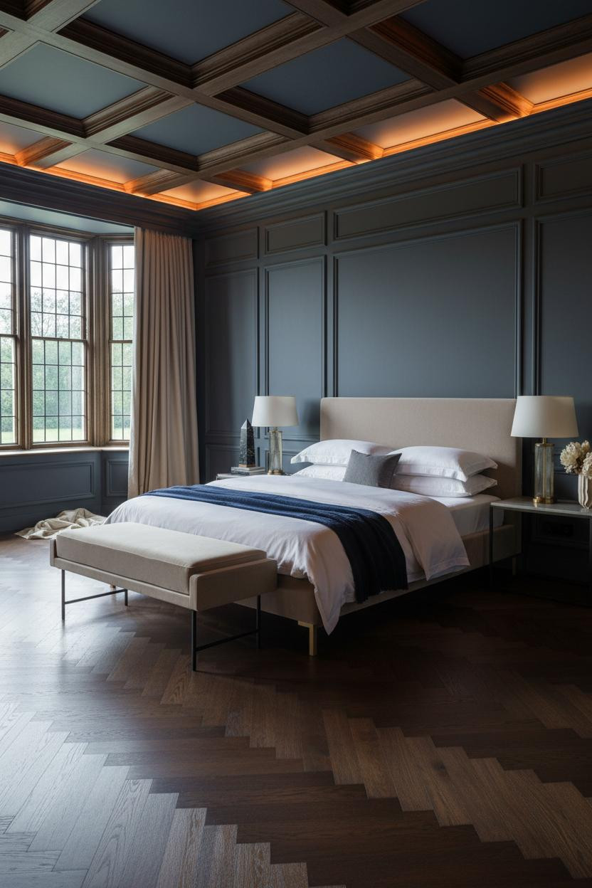 Bright, airy luxury mansion bedroom with neutral color palette, upholstered bed frame, cushioned bench, soft natural lighting, clean architectural lines, and refined vintage accents throughout spacious room.