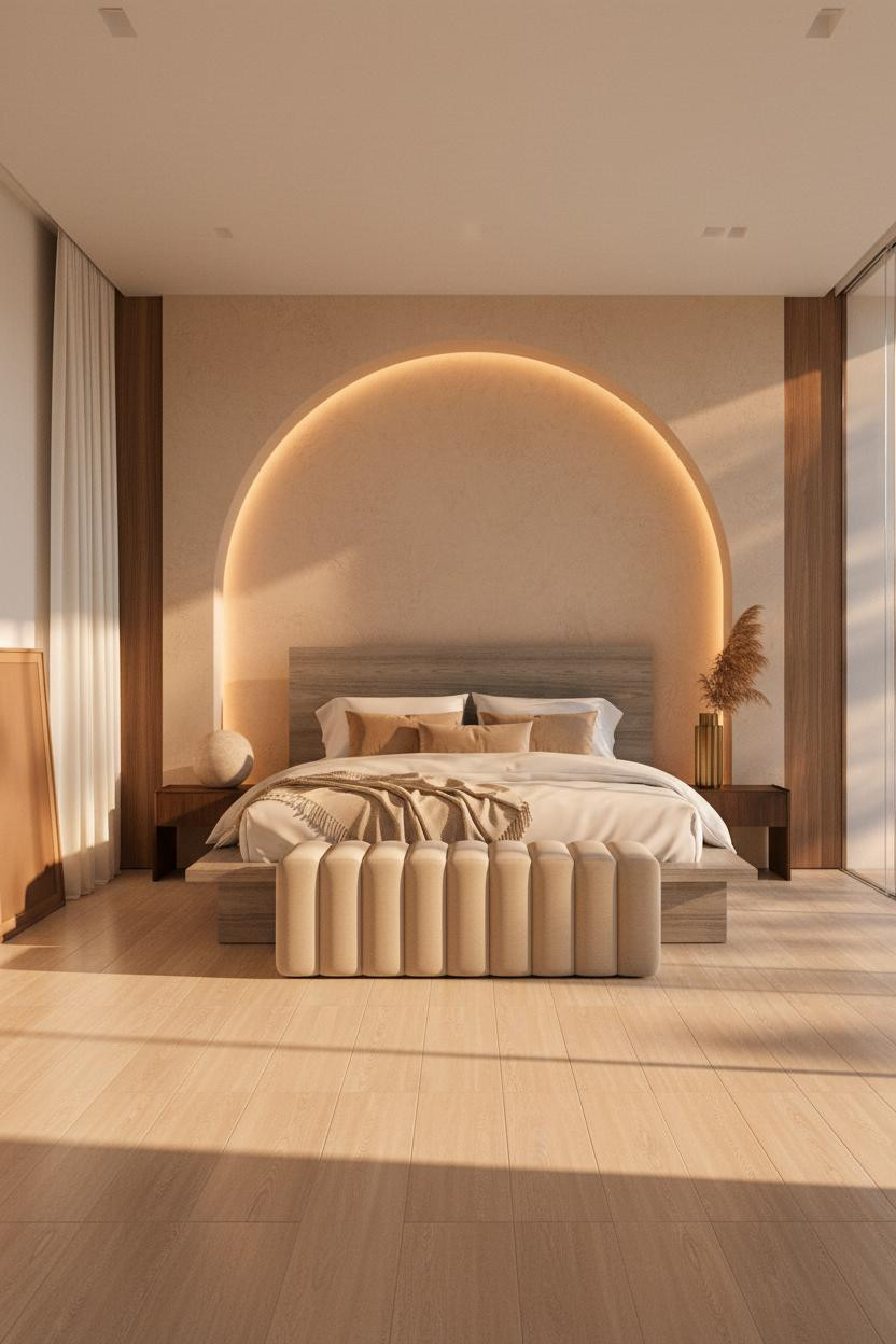 Bright, airy mansion bedroom with neutral cream and beige tones, upholstered bed frame, channel ottoman, soft natural window lighting, clean architectural lines, and refined modern luxury aesthetic.