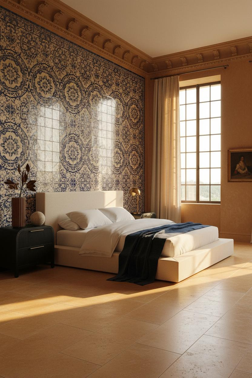 Bright, airy mansion bedroom with neutral cream and beige tones, quality bed frame, wooden nightstand, soft natural window light, clean lines, and refined vintage accents throughout the spacious room.