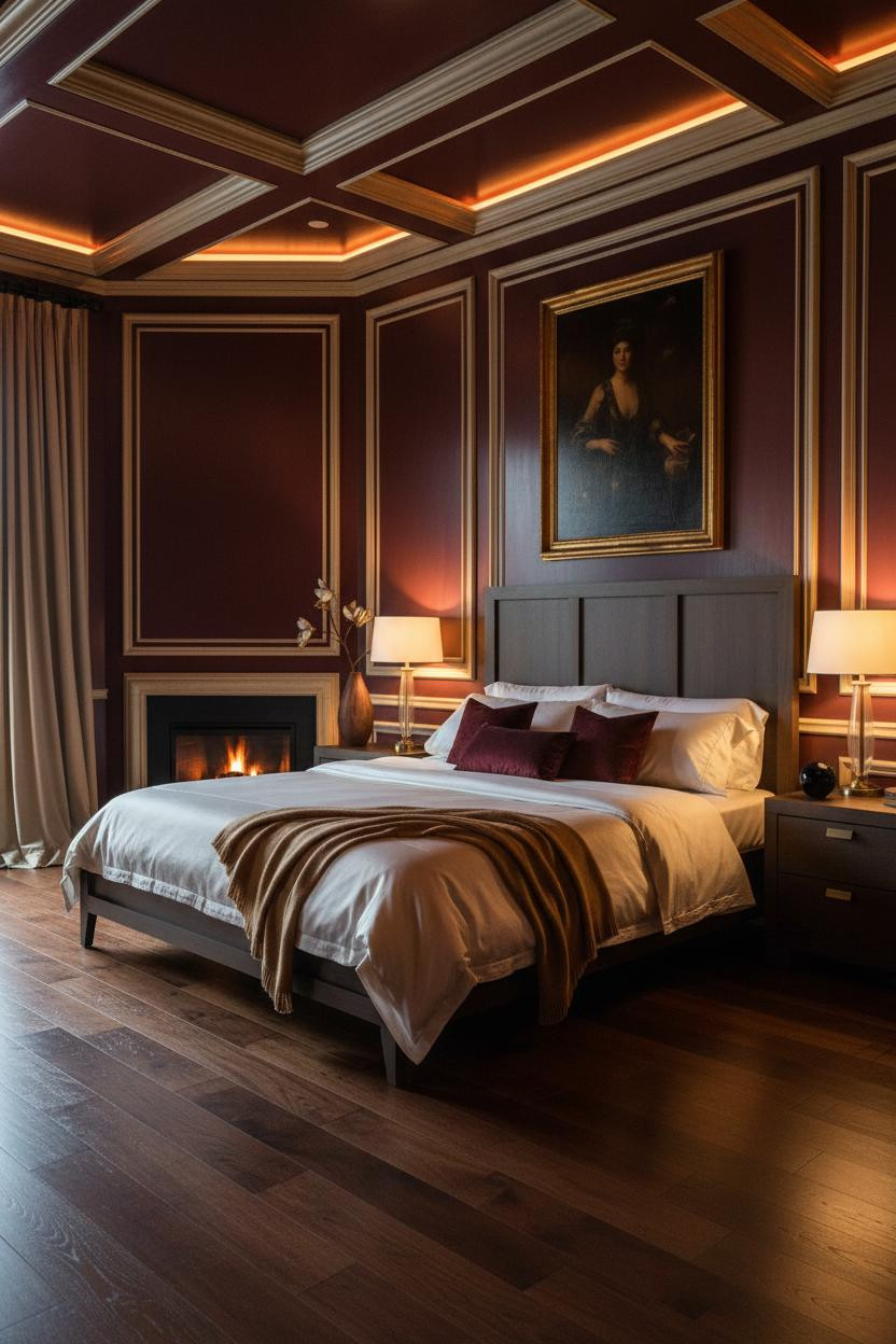 Bright, airy mansion bedroom with neutral cream and beige tones, modern bed frame, soft bedside lamp, clean architectural lines, natural window light, polished wood flooring, and refined vintage accents throughout spacious room.