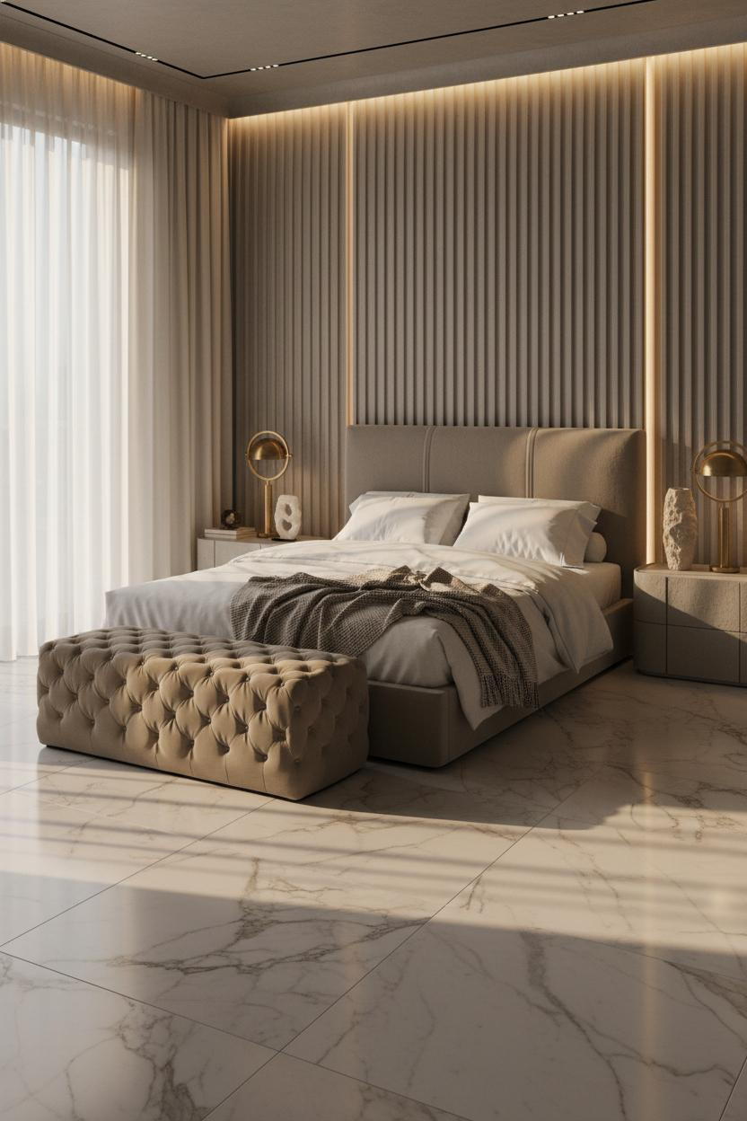 Bright, airy mansion bedroom with neutral color palette, featuring a tufted bed frame, matching ottoman bench, soft natural lighting from large windows, clean architectural lines, and refined luxury furnishings in warm whites and soft beige tones.