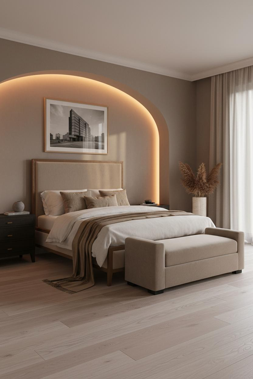 Bright, airy luxury master bedroom with modern upholstered bed frame, soft neutral bedding, cushioned bench at foot of bed, warm natural light from windows, cream and beige color palette, polished wood flooring, minimalist nightstands, calm sophisticated interior design.