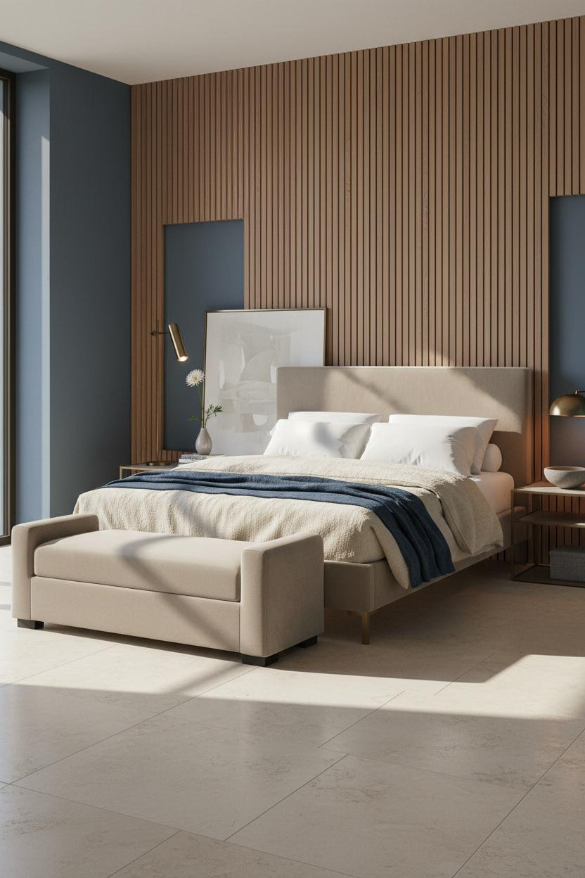 Bright luxury master bedroom with modern upholstered bed frame, soft neutral bedding, cushioned bench at foot of bed, warm natural light from windows, cream and beige color palette, contemporary bedroom design.