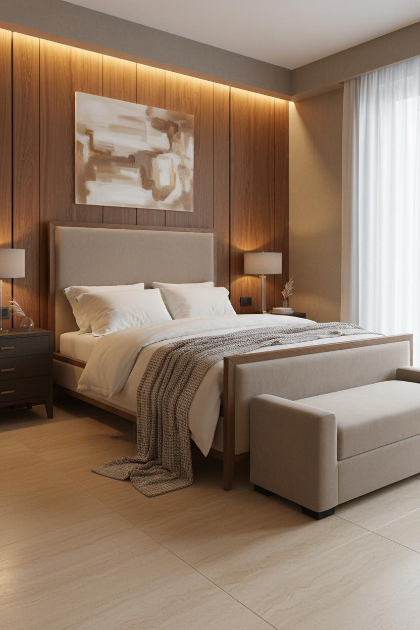 Bright luxury master bedroom with modern upholstered bed frame, soft neutral bedding, cushioned bench at foot of bed, warm natural light from windows, cream and beige color palette, contemporary bedroom design.