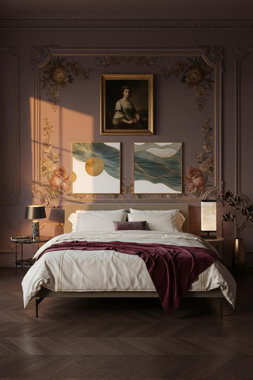 Bright master bedroom with modern platform bed frame, soft neutral bedding, contemporary brass bedside lamp, light wood flooring, and airy natural window lighting throughout the space.