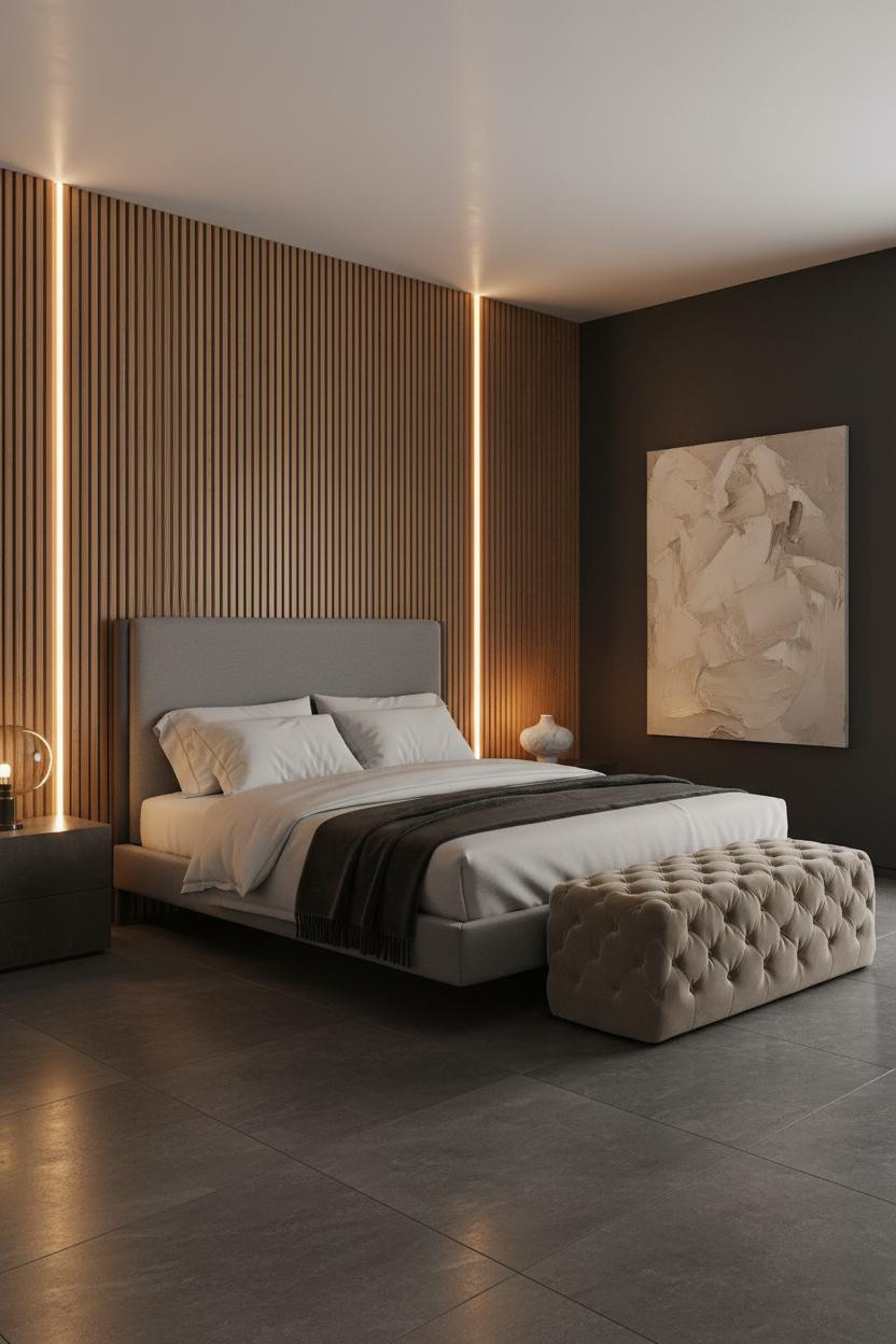 Bright master bedroom with modern upholstered bed frame, soft neutral bedding, tufted ottoman bench at foot of bed, warm natural light from windows, cream and beige color palette, contemporary luxury bedroom design.