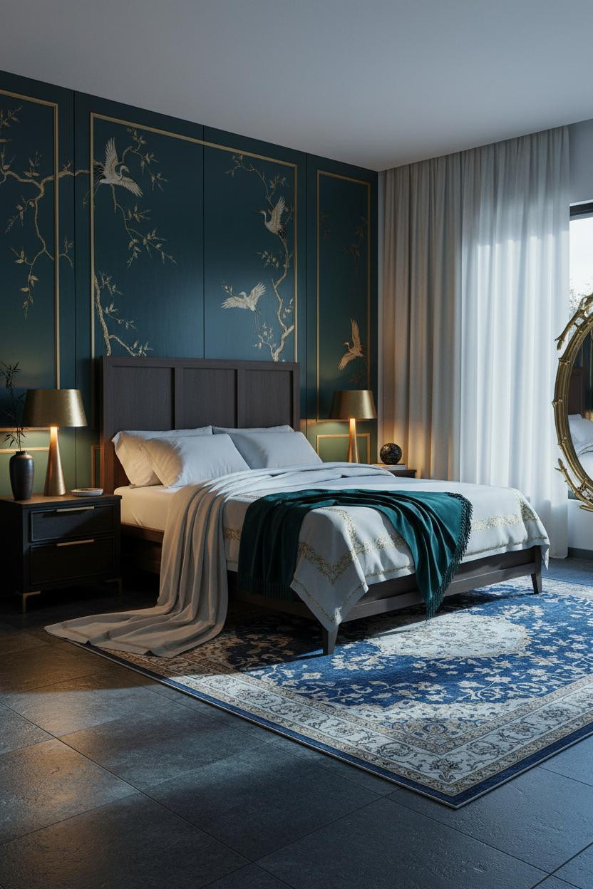 Bright, airy master bedroom with cream bedframe, soft neutral linens, matte brass nightstand, warm natural light from windows, calm luxe aesthetic