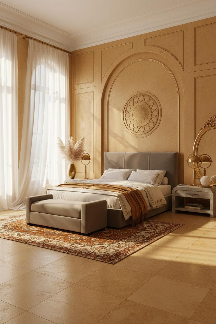 Bright, airy master bedroom with neutral tones, soft natural lighting from large windows, elegant upholstered bed frame, cushioned bench at foot of bed, layered bedding, and refined bedroom furniture in warm whites and creams.