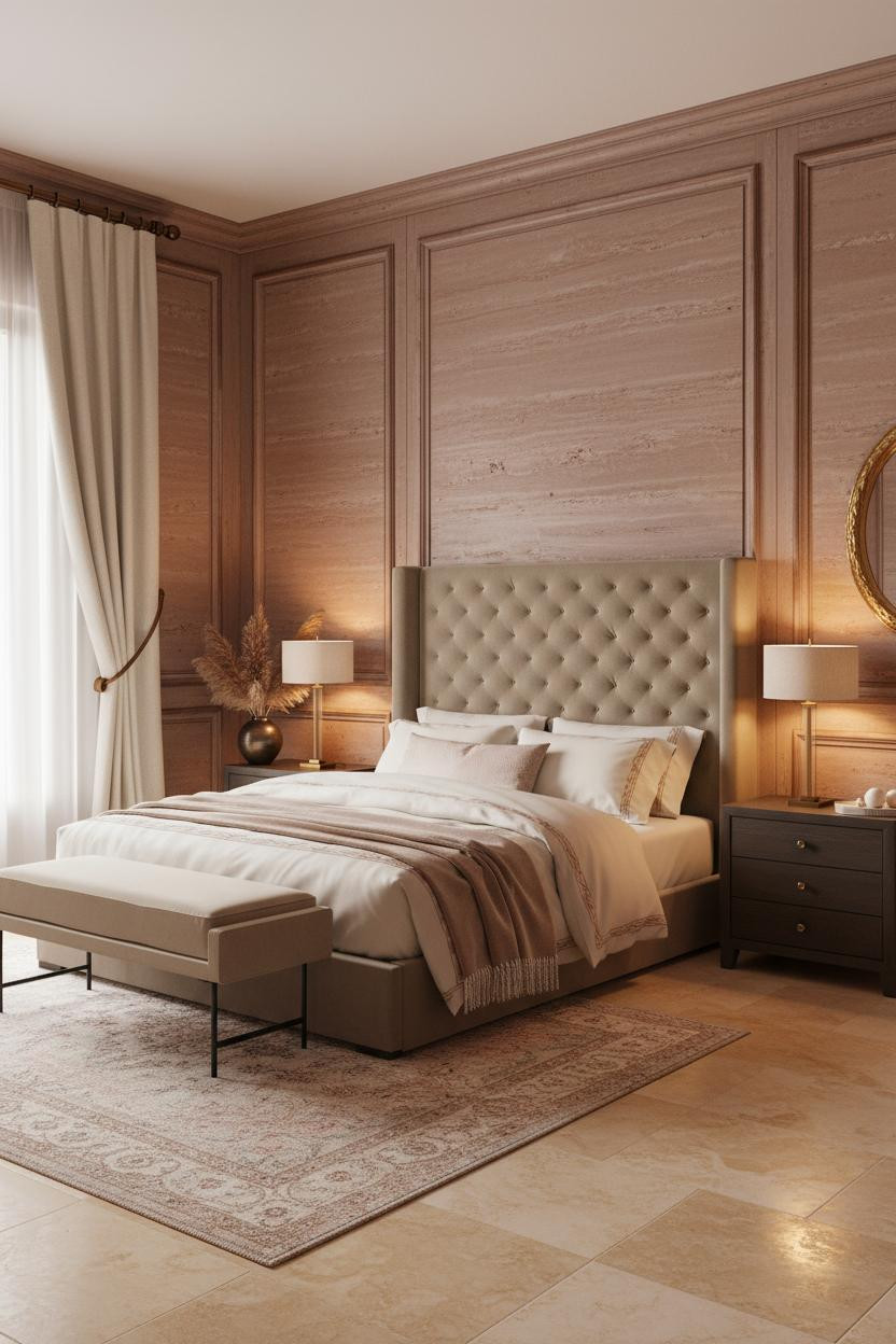 Bright, airy master bedroom with upholstered bed frame, cushioned bench at foot, soft neutral bedding, warm natural light from windows, cream walls, and modern luxury furnishings.