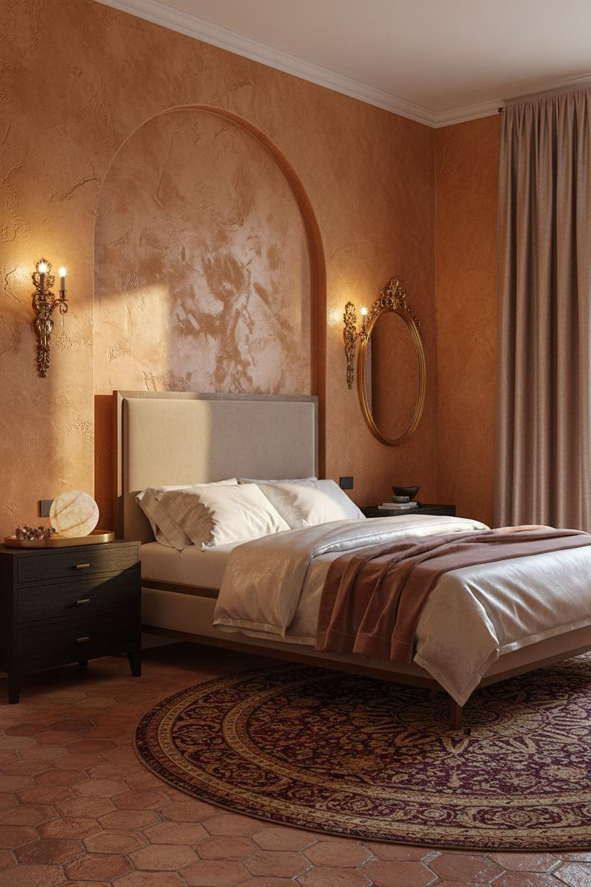 Bright, airy master bedroom with soft neutral tones, elegant bed frame, wooden nightstand, warm natural light from windows, and refined romantic modern decor throughout the serene space.