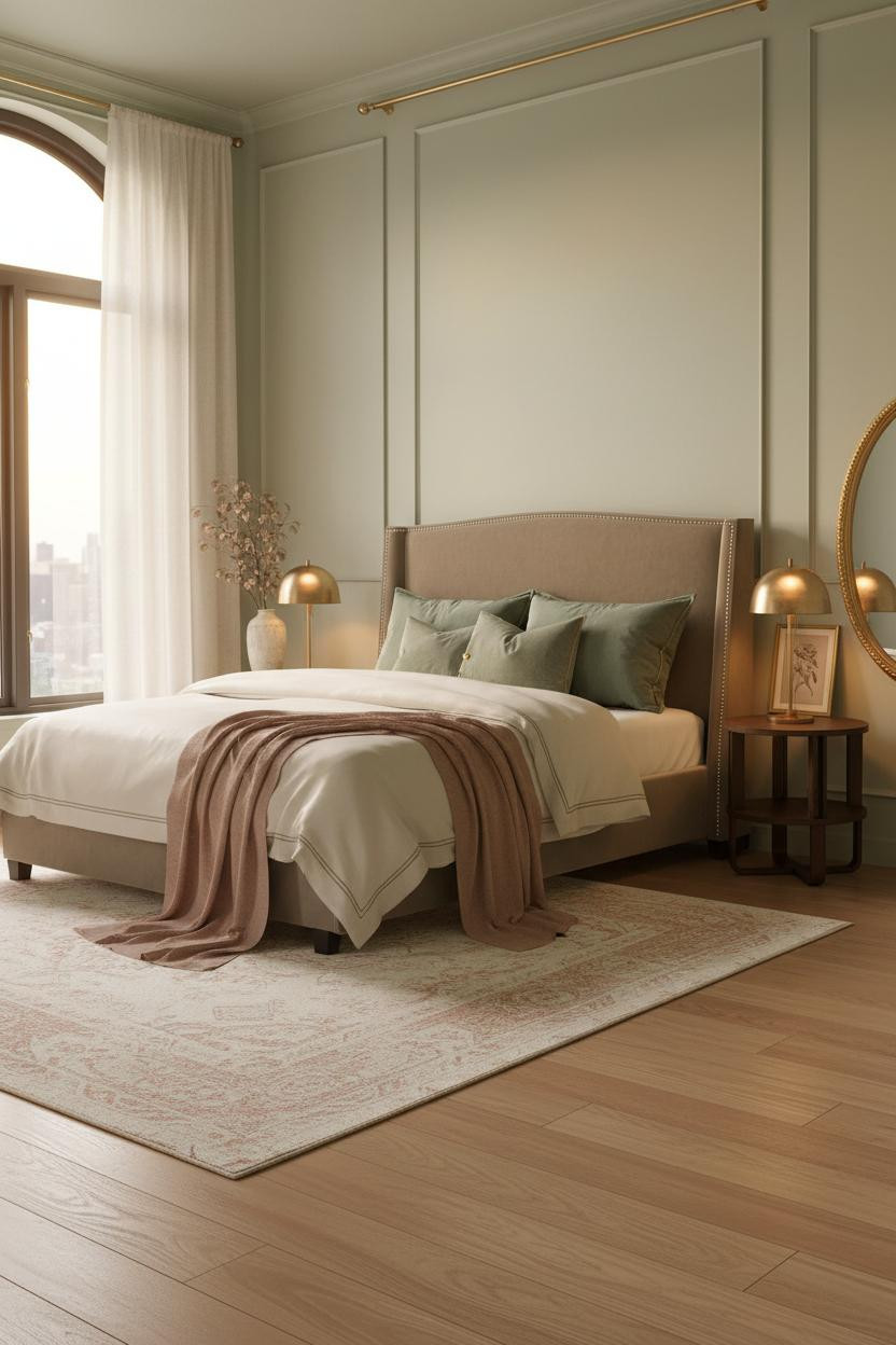 Bright, airy master bedroom with cream bedding on modern bed frame, wooden nightstand, soft natural light from windows, neutral palette, calm luxe aesthetic