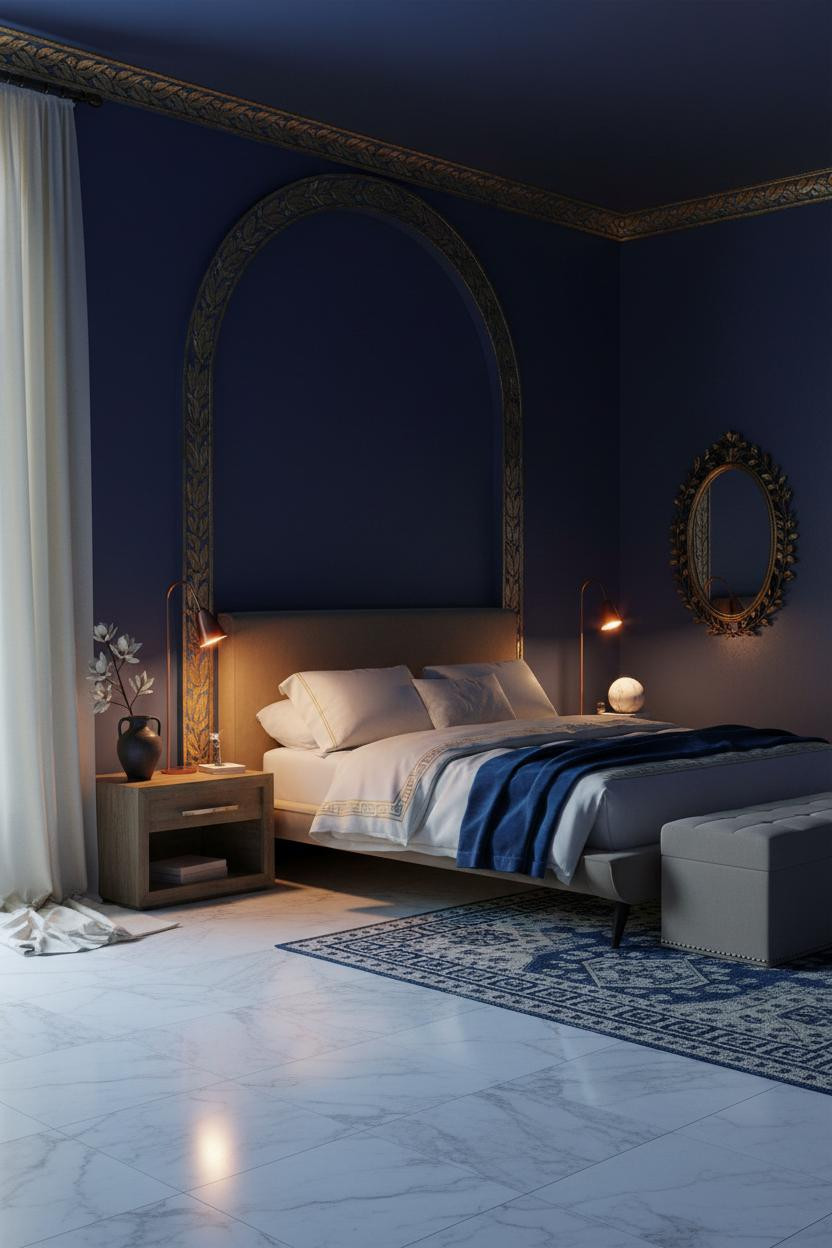 Bright, airy master bedroom with upholstered bed frame, soft neutral bedding, cream walls, natural window light, wooden storage bench, warm brass accents, calm romantic aesthetic.