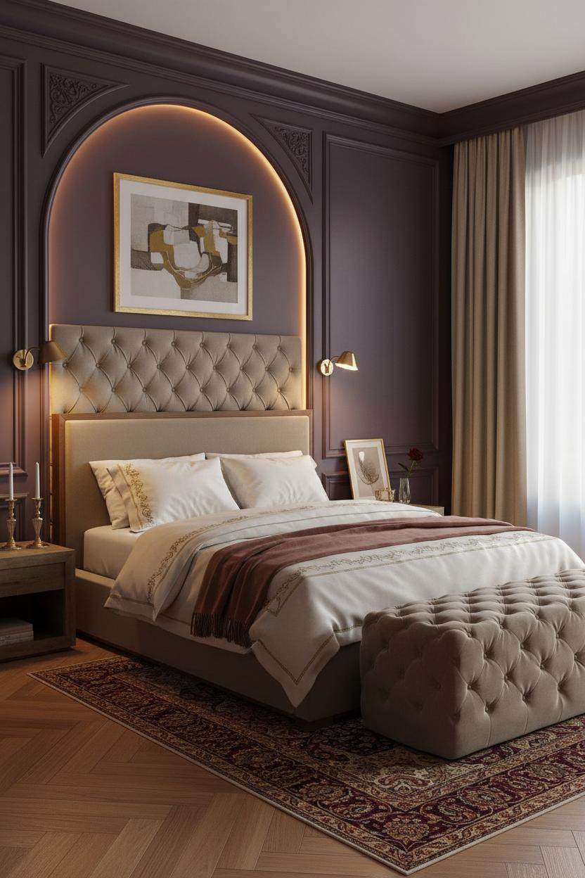 Bright, airy master bedroom with cream upholstered bed frame, soft neutral bedding, tufted ottoman bench, warm wood nightstands, and natural window light creating a cozy luxurious retreat.