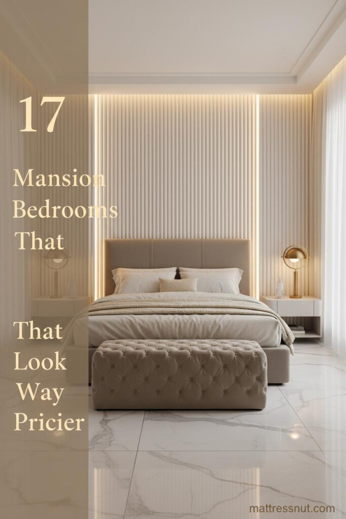 Luxury mansion bedroom with ivory boucle bedding, fluted plaster walls, Calacatta marble floors, brass lamp, and warm champagne tones
