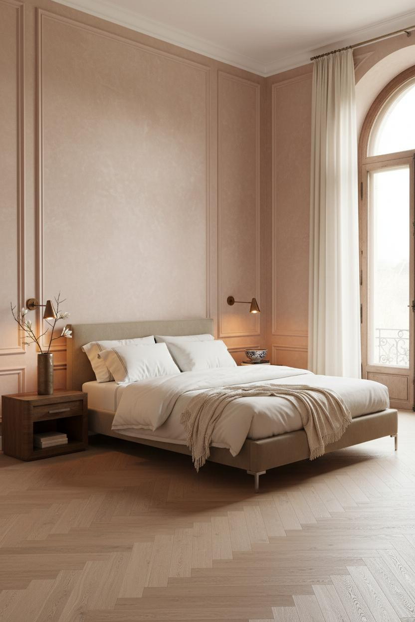 Bright, airy mansion master bedroom with neutral cream and beige tones, modern bed frame, wooden nightstand, soft natural lighting from large windows, clean lines, and minimalist luxury decor.