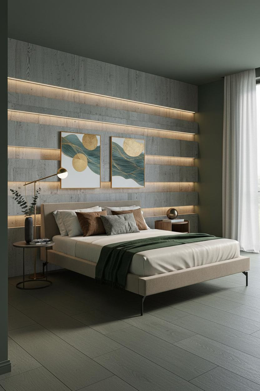 Bright, airy mansion master bedroom with neutral cream and beige tones, upholstered bed frame, wooden nightstand, soft natural window light, clean lines, and refined architectural details throughout the spacious room.