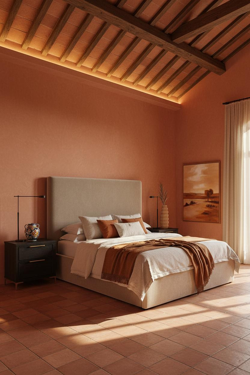 Bright, airy mansion master bedroom with neutral cream and beige palette, upholstered bed frame, black nightstand, soft natural window lighting, clean lines, and refined architectural details throughout spacious room.