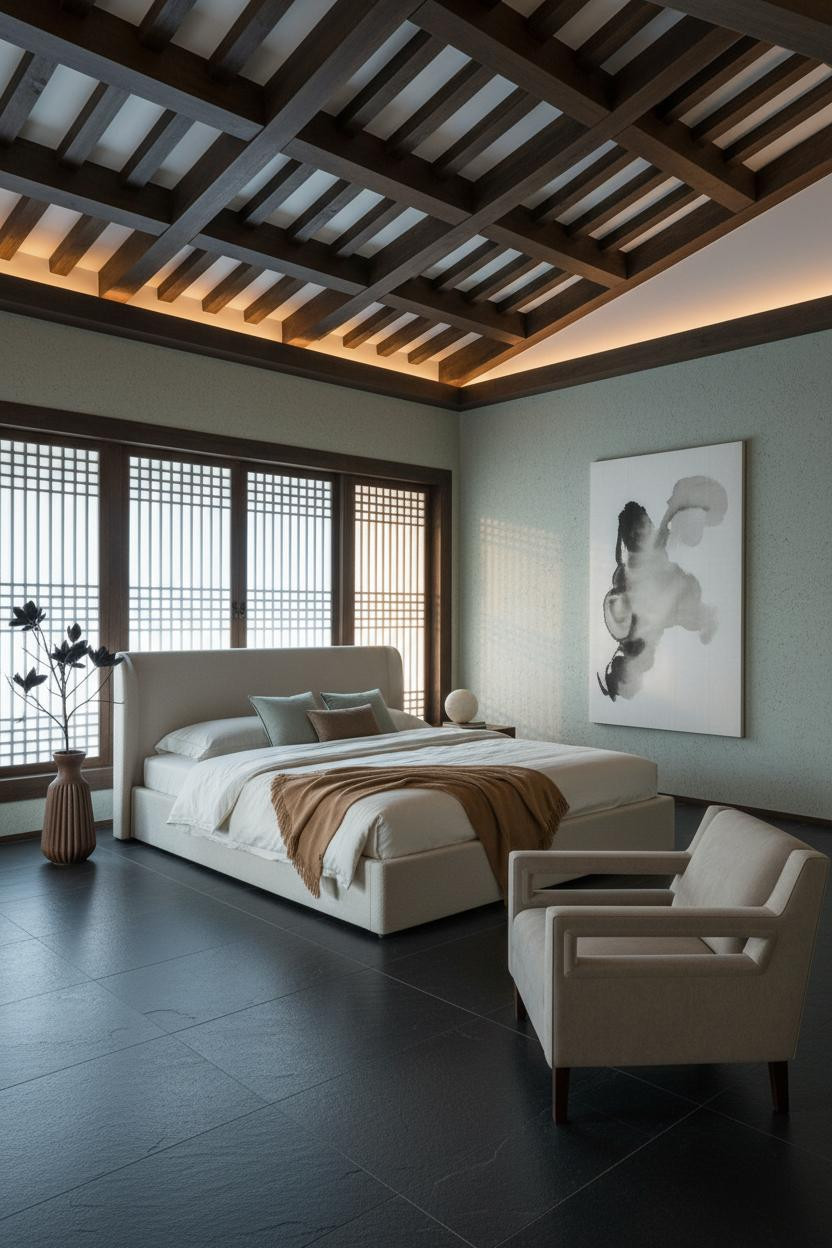 Bright, airy mansion master bedroom with cream walls, natural wood flooring, upholstered bed frame, modern accent chair, soft window lighting, neutral color palette, clean architectural lines, and refined luxury decor.