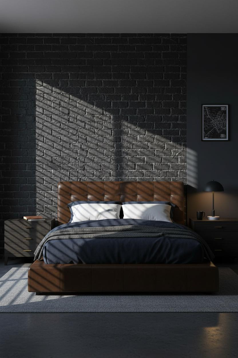 Masculine Bedroom Exposed Brick Navy