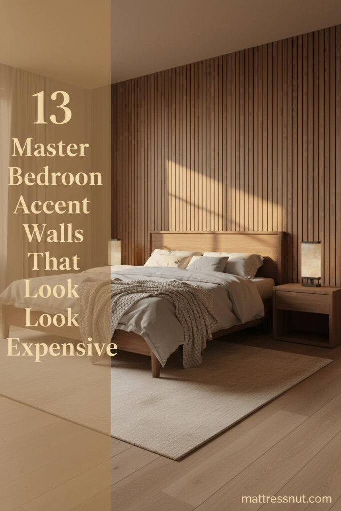 Master bedroom with floor-to-ceiling walnut vertical slat accent wall, ivory linen bedding, boucle throw, and warm brass sculptural lamp on pale oak flooring