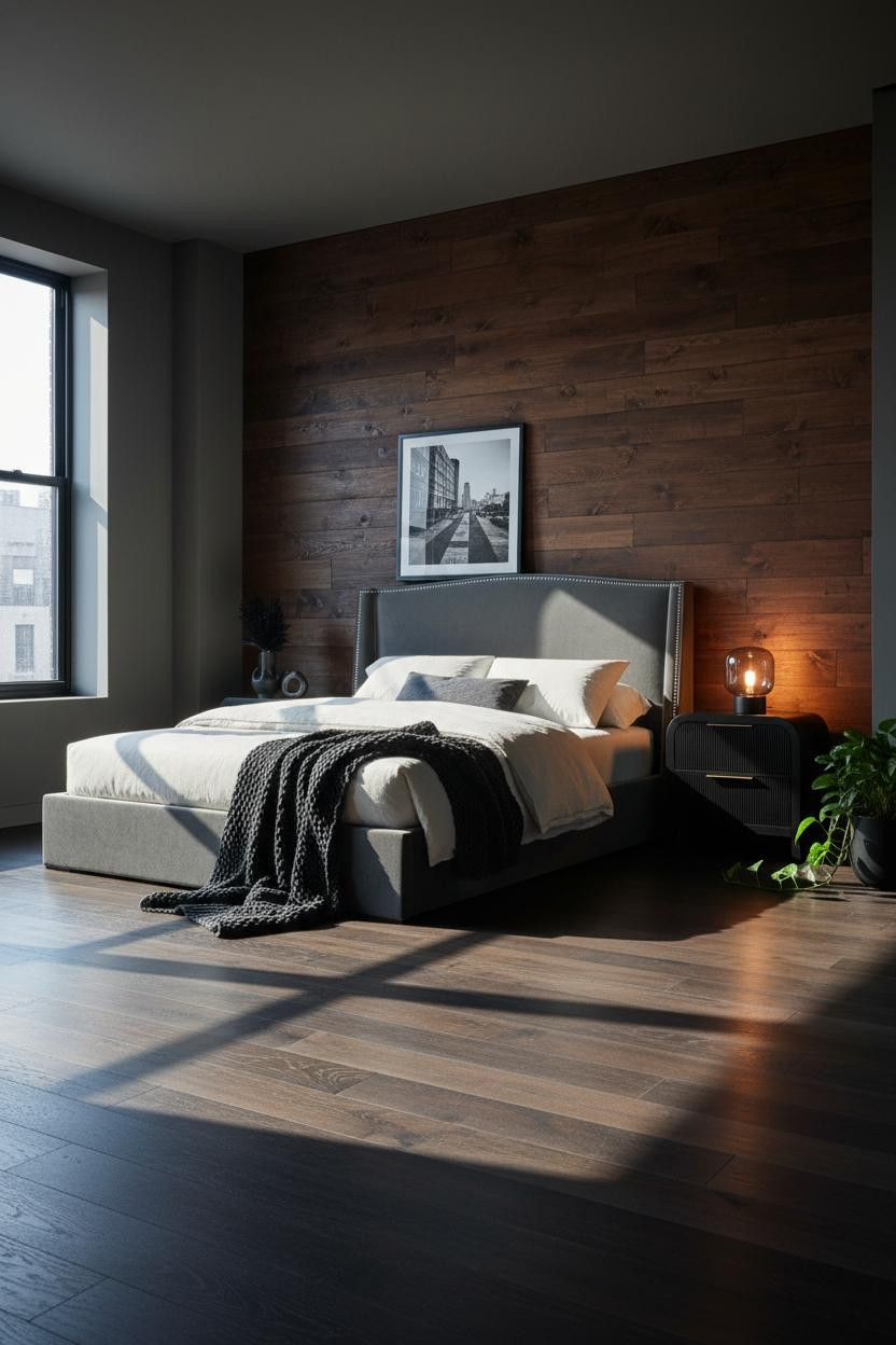 Bright master bedroom with wood accent wall behind storage bed, soft neutral bedding, matte brass nightstand, natural window light, clean minimalist design, warm wood tones.