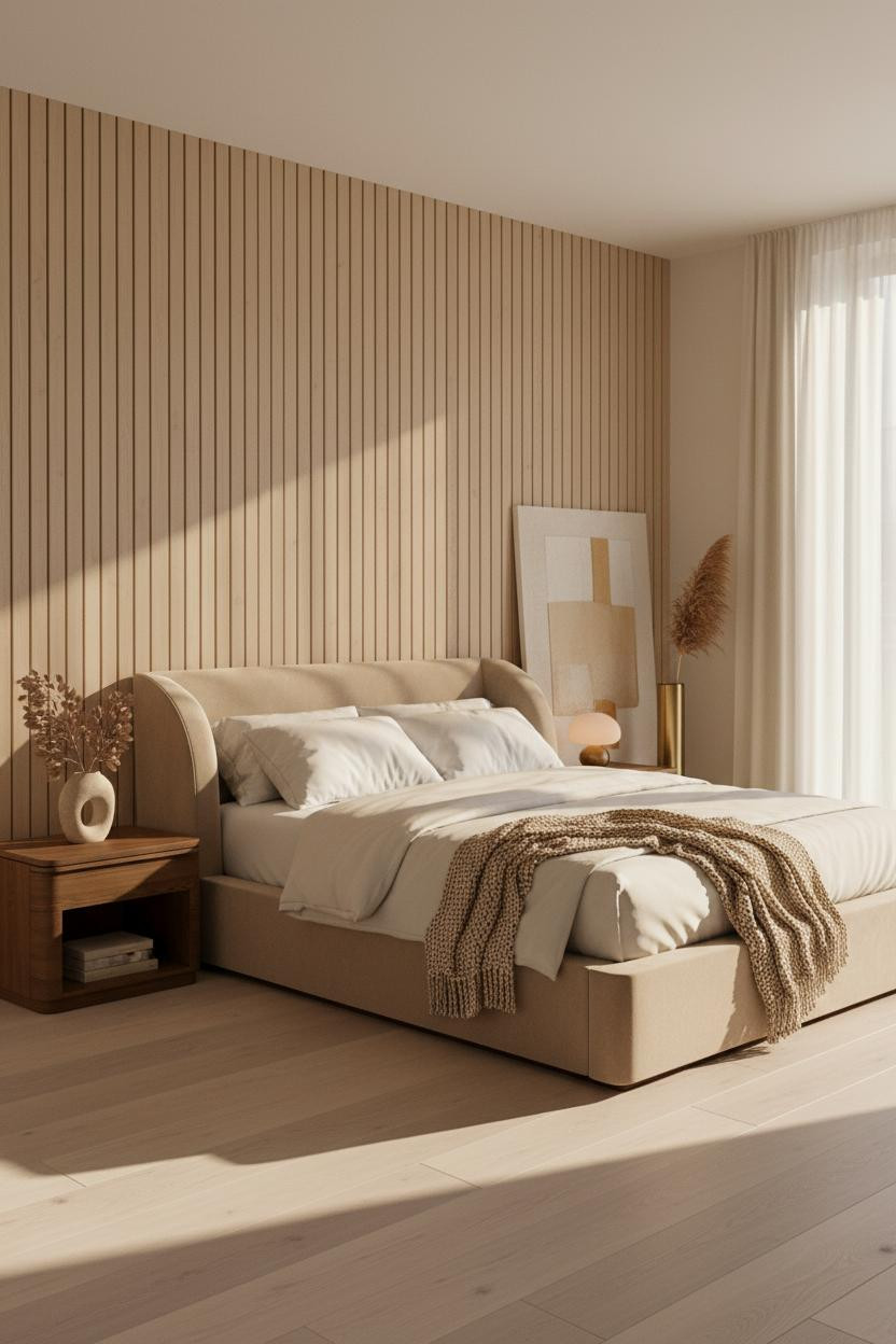 Bright master bedroom with warm wood accent wall behind bed, neutral bedding, modern nightstand, soft natural light from window, clean minimalist design