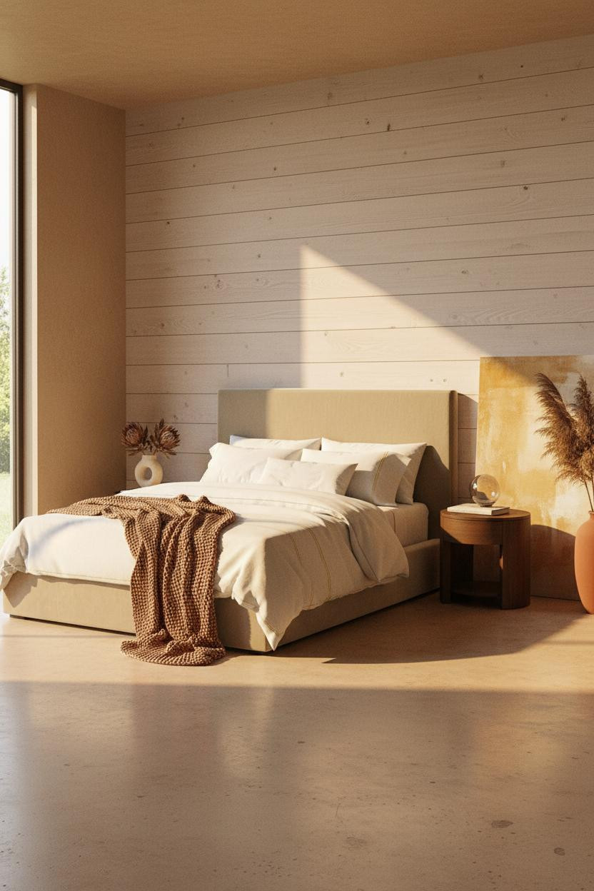 Bright master bedroom with warm wood accent wall behind bed, soft neutral bedding, matte brass nightstand, natural window light, clean minimalist design.