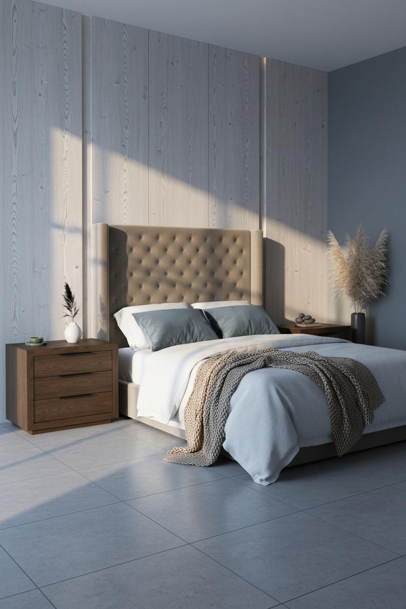 Bright master bedroom with warm wood accent wall behind bed, soft neutral bedding, matte brass nightstand, natural window light, clean minimalist design.