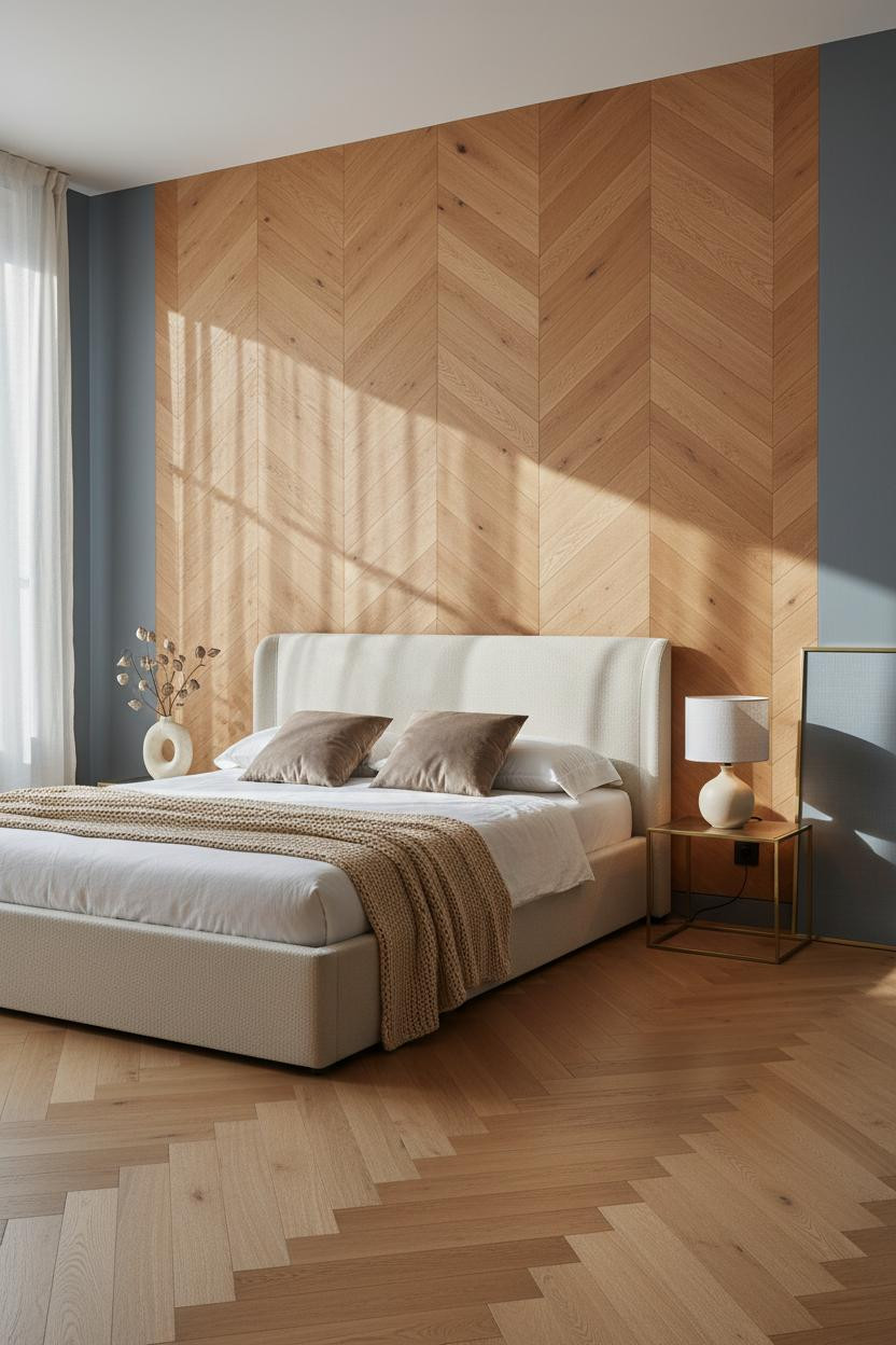 Master bedroom with dark wood accent wall behind bed, neutral bedding, modern bedside lamp, bright natural light from window, clean minimalist design.