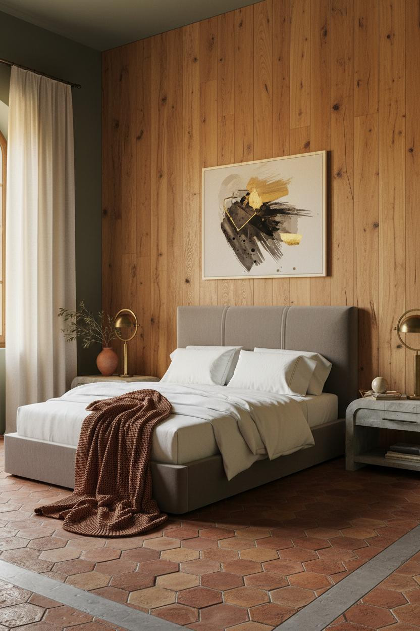 Bright master bedroom with warm wood accent wall behind bed, soft neutral bedding, matte brass bedside lamp, and natural window light creating a clean, modern bedroom design.
