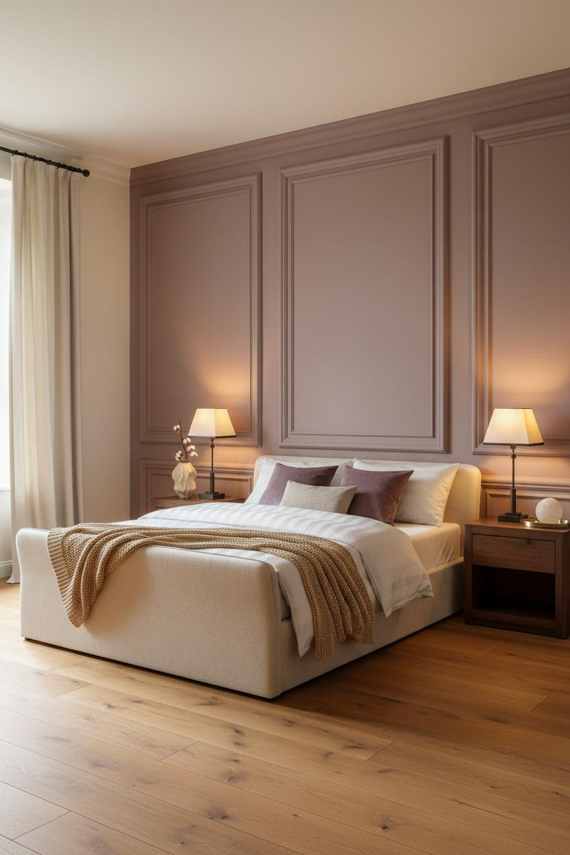 Master bedroom with wood accent wall behind bed, soft bedside lamp, neutral bedding, bright natural light, clean modern design with warm wood tones and calm aesthetic.
