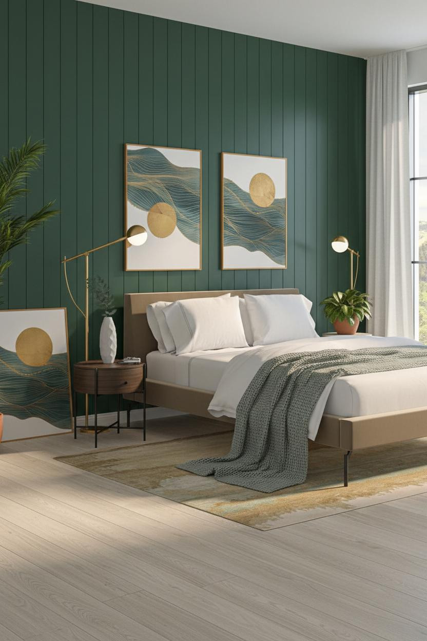 Bright master bedroom with wood accent wall behind bed frame, soft neutral bedding, matte brass nightstand, natural window light, clean modern design with warm wood tones and cream linens.