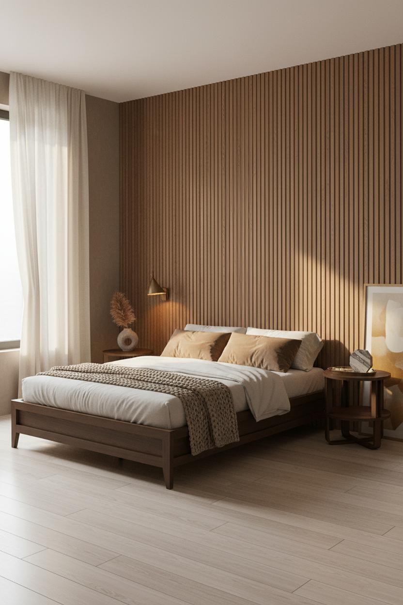 Master bedroom with wood accent wall behind bed, soft neutral bedding, matte brass nightstand, warm natural light from window, clean modern design.