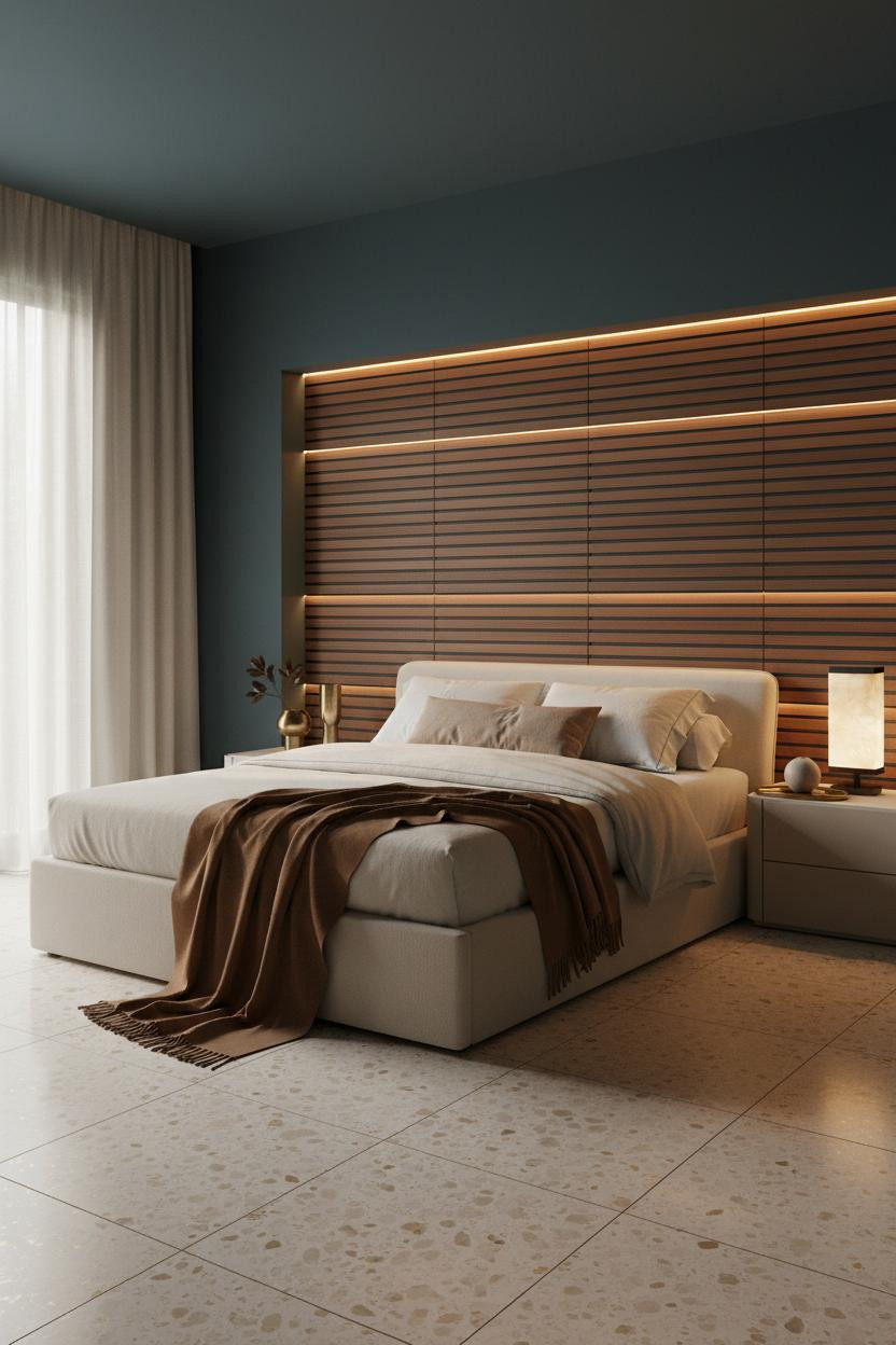 Bright, airy master bedroom with neutral bedding, warm wood frame bed, soft brass bedside lamp, cream linens, and natural daylight from large windows creating a calm, sophisticated space for couples.