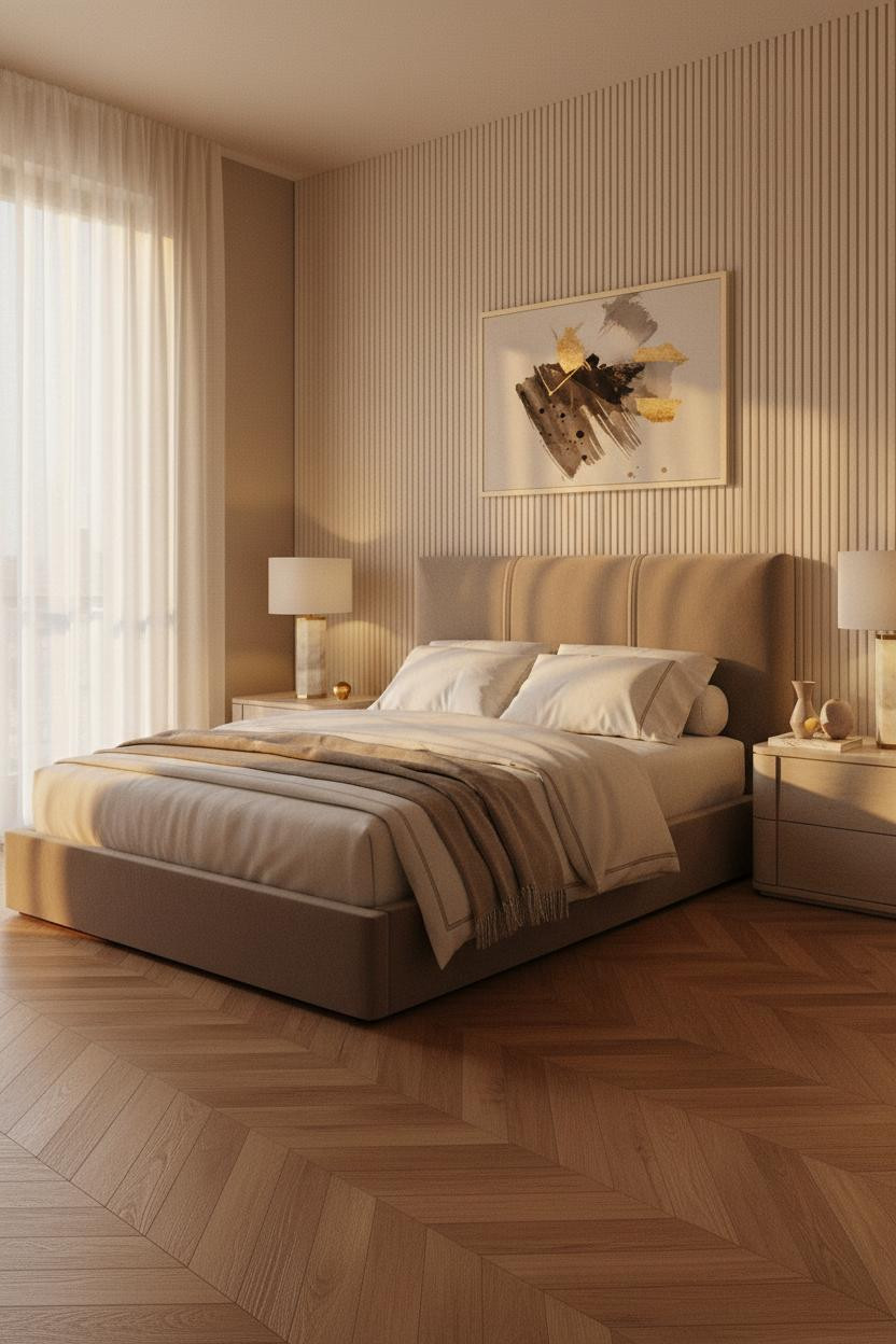 Bright master bedroom with neutral bedding, soft cream tones, modern bedside lamp on wooden nightstand, natural window light, clean contemporary design for couples.