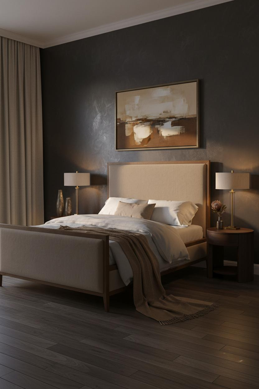 Bright, airy master bedroom with neutral tones, soft lighting from large windows, elegant upholstered bed frame, matching nightstand with brass hardware, and minimalist modern decor creating a calm, sophisticated space for couples.