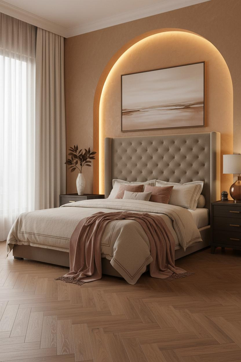 Bright, airy master bedroom with neutral tones, upholstered bed frame, wooden nightstand, soft bedding, and natural window light creating a calm, luxurious retreat for couples.