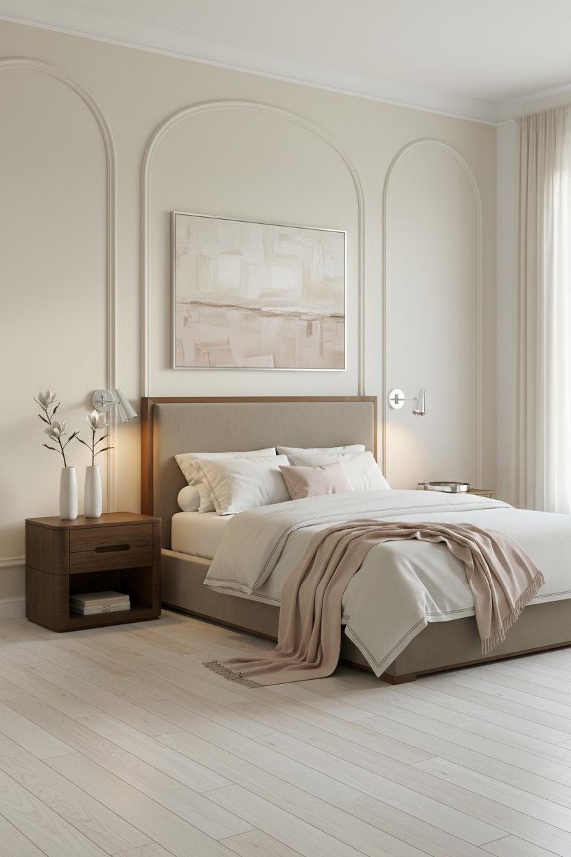 Bright, airy master bedroom with neutral tones, modern bed frame, elegant nightstand, soft natural lighting, and minimalist decor creating a calm, sophisticated space for couples.