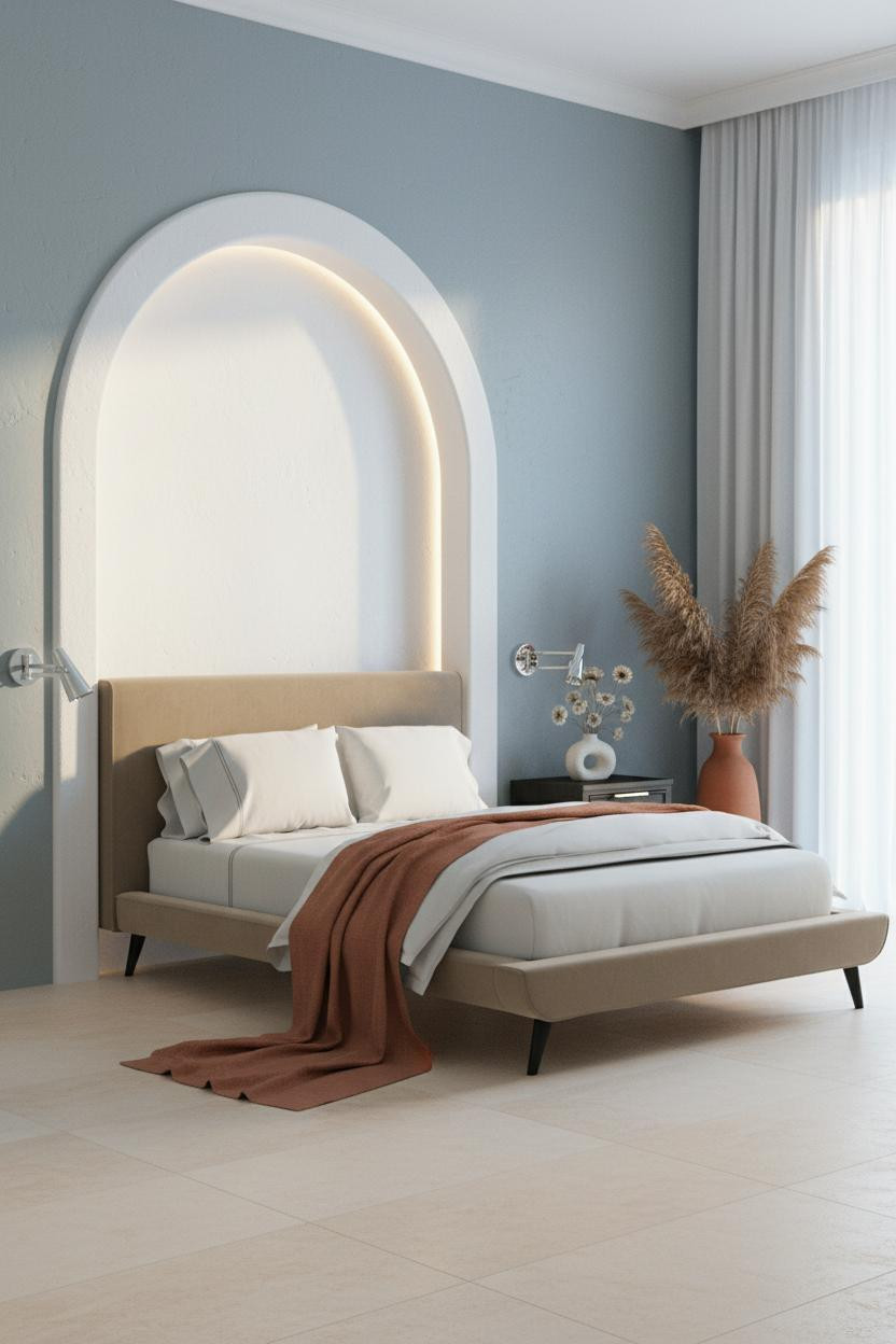 Bright master bedroom with neutral bedding, matte black nightstand, warm wood accents, soft natural lighting, and clean modern aesthetic designed for couples.