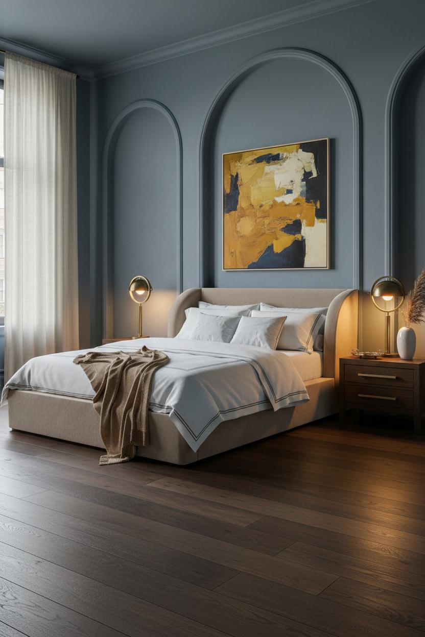 Bright, airy master bedroom with upholstered bed frame, matching wooden nightstand, soft neutral bedding, warm natural light from windows, and minimalist decor creating a calm, luxurious space for couples.